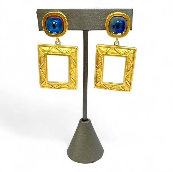 GIVENCHY Modernist Square Open Gold Frame Earrings & Blue Cabochon Stones - Picture 1 of 6
